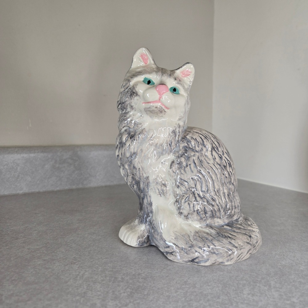 Vintage Ceramic Cat Figurine Gray White‎ Aqua Pink Cat Lover Decor Cute Kitten